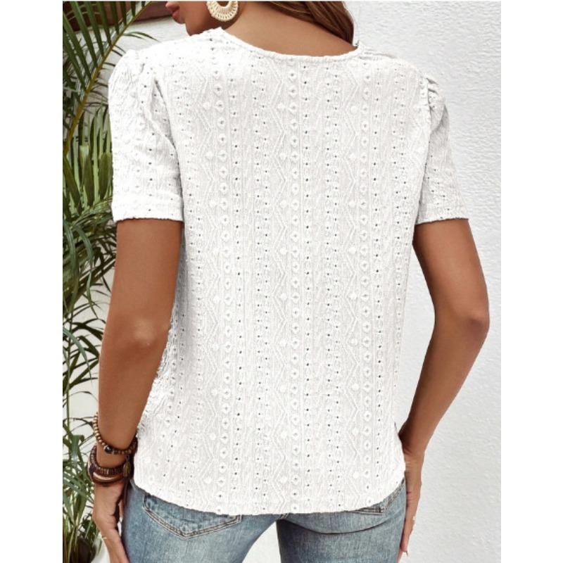 Nuova Blusa Estiva con Inserti in Pizzo da Donna Camicie Scollo Tondo Traforate Top alla Moda Manica Corta Colore Unito Dolce Abbigliamento Largo Elegante