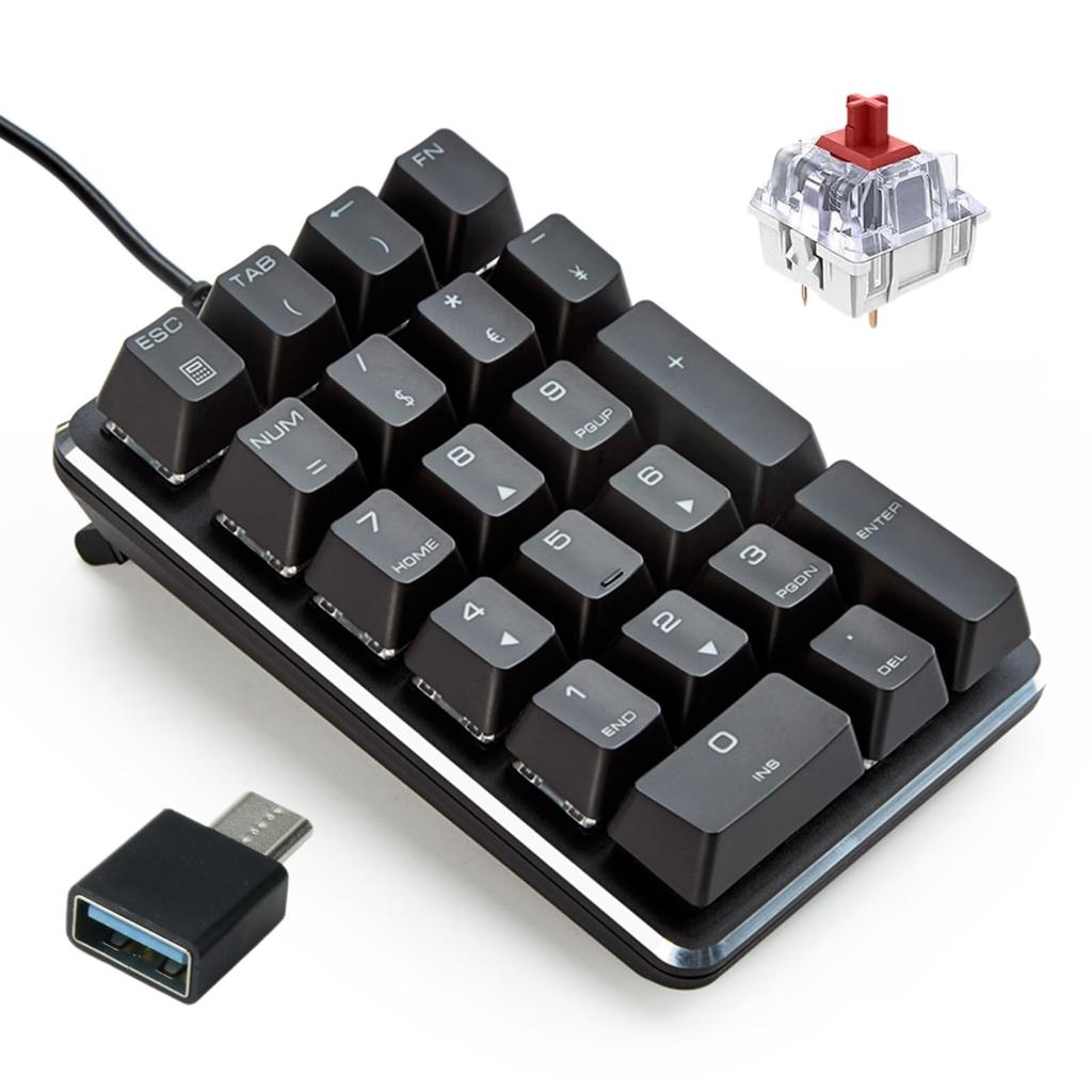 Levieny Mechanical Numeric Keypad with Red Switches (Red Axis) [Compatible with both Wired and USB Type-C] Quiet and Light Touch, 21 Keys, Number