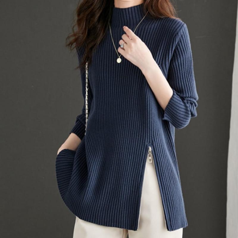 Navava Daily Zip Point Ribbed Mock Neck Long Sleeve Knit Top Nk3476