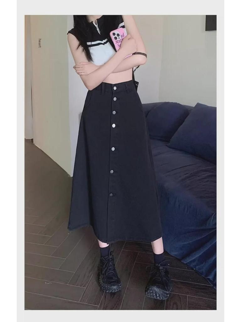 2024 Summer Black High-Waist Denim A-Line Skirt for Women - Available In Large & Small Sizes