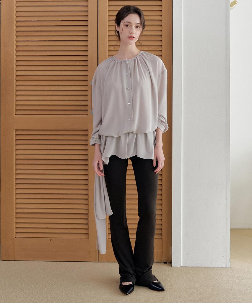 Meojiaenminggeul Halo Neck Shirring Belt Chiffon Blouse (Mint Gray)