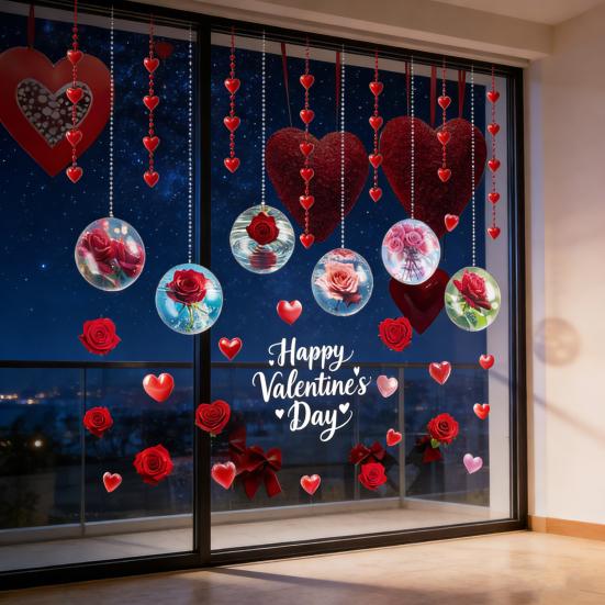 Valentine's Day Window Clings Rose Flower Heart Static PVC Window Glass Decals Reusable Double-Sided Static Stickers for Wedding Anniversary Home