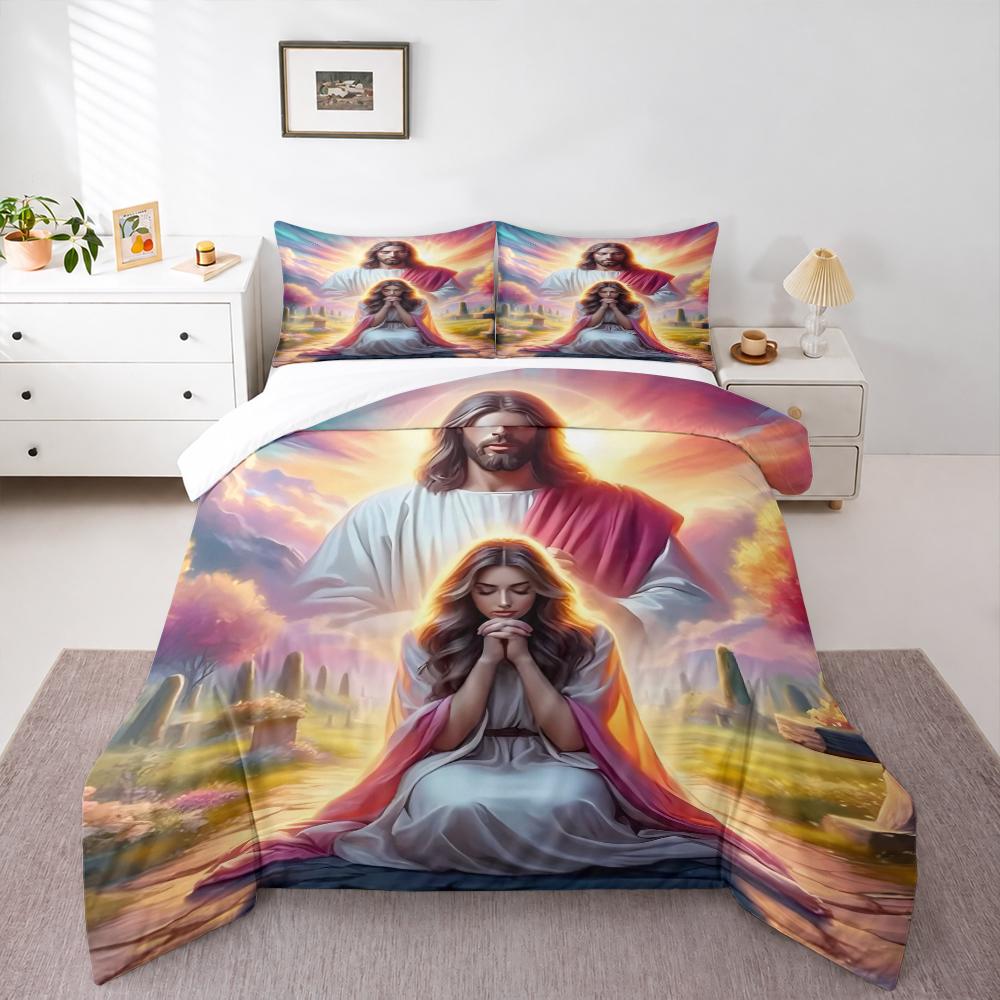 Jesus Praying with Woman Bedding set (1 duvet cover, 2 pillowcases, duvet not included), Pastel Sky Religious Christian Faith Art Print