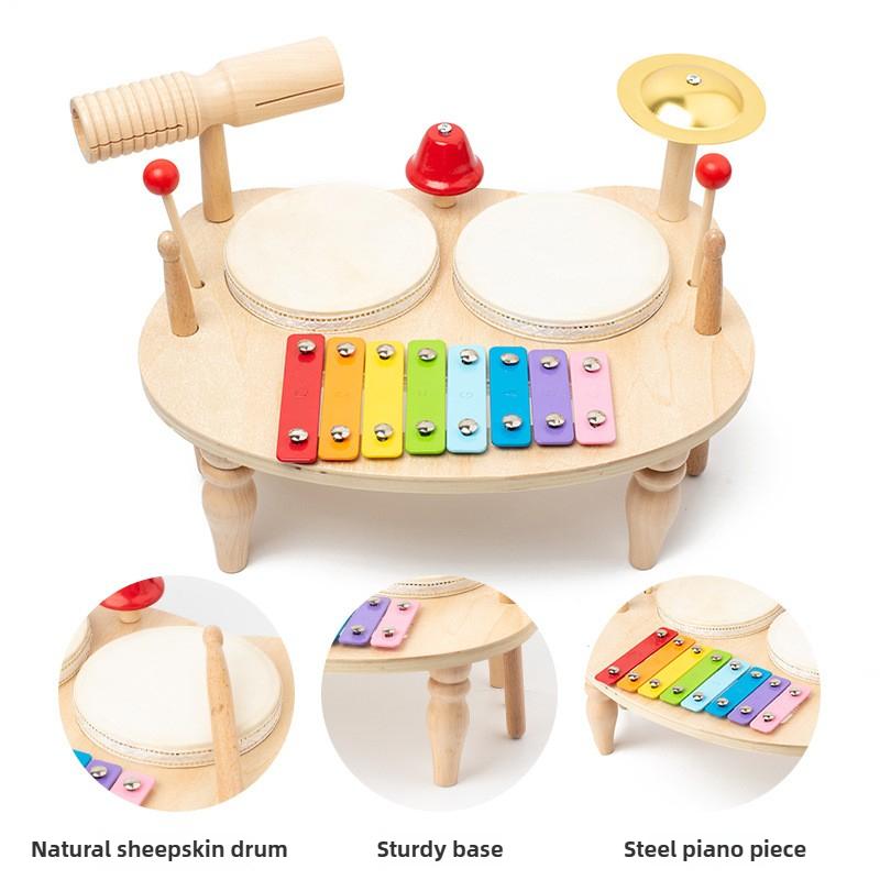 Wooden Music Table Toys For Baby Kids Xylophone Drum Shaker Set Montessori Tactile Educational Plaything For 6-18 Months Newborn Present