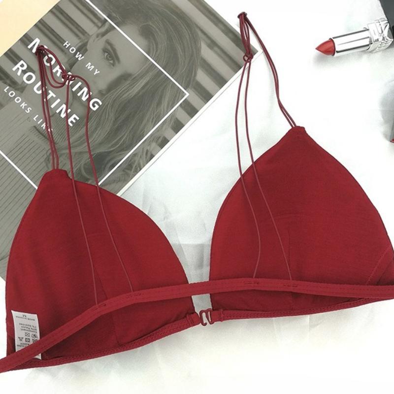 Women's Sexy Front Closure Triangle Cup Thin Style Backless Simple Bra Invisible Wireless Underwear for Small Bust