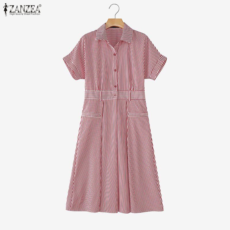 ZANZEA Women Lapel Short Sleeve Striped Print Casual Long Shirts Dress S