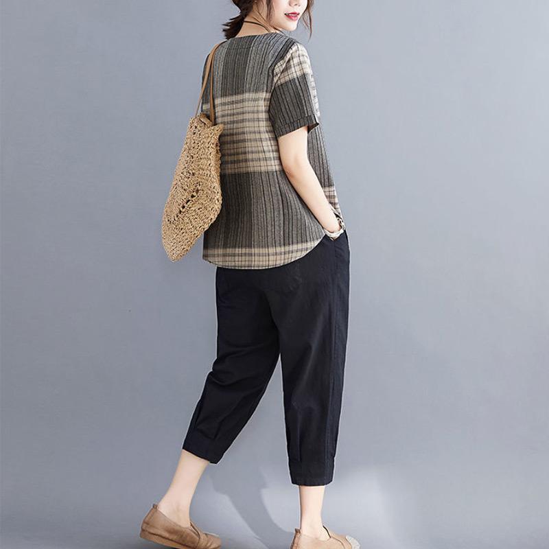 Cotton Linen Retro Literary Top Summer Plaid Loose Girls T-shirt All-match Fashion Short-sleeved Gown