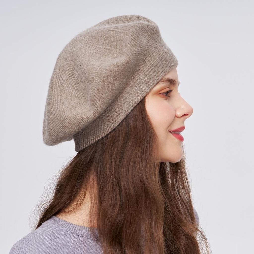 A Women's Beret Knitted Woolen Hat with Autumn and Winter Thick Ear Protection Wool Hat and Shiny Diamond Decoration