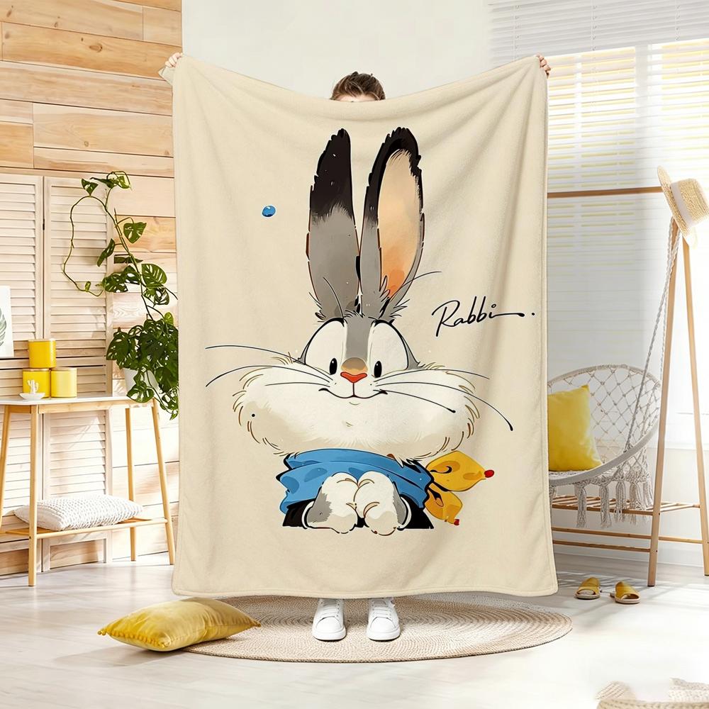 Illustration Cartoon Rabbit Throw Lightweight G Flannel Blanket Soft Skinfriendly for Summer Cooling