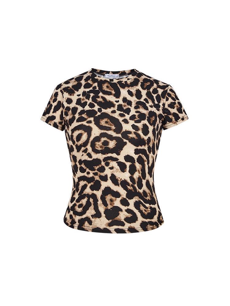 Women's Leopard Print Slim Short Sleeve T-shirt - 2026 Summer Fashion, Eye-catching European and American Trendy Base Layer Top