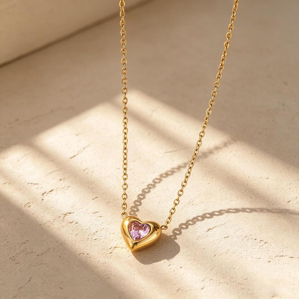 18K Gold-Plated Colorful Zirconia Heart Necklace - Titanium Steel Clavicle Chain