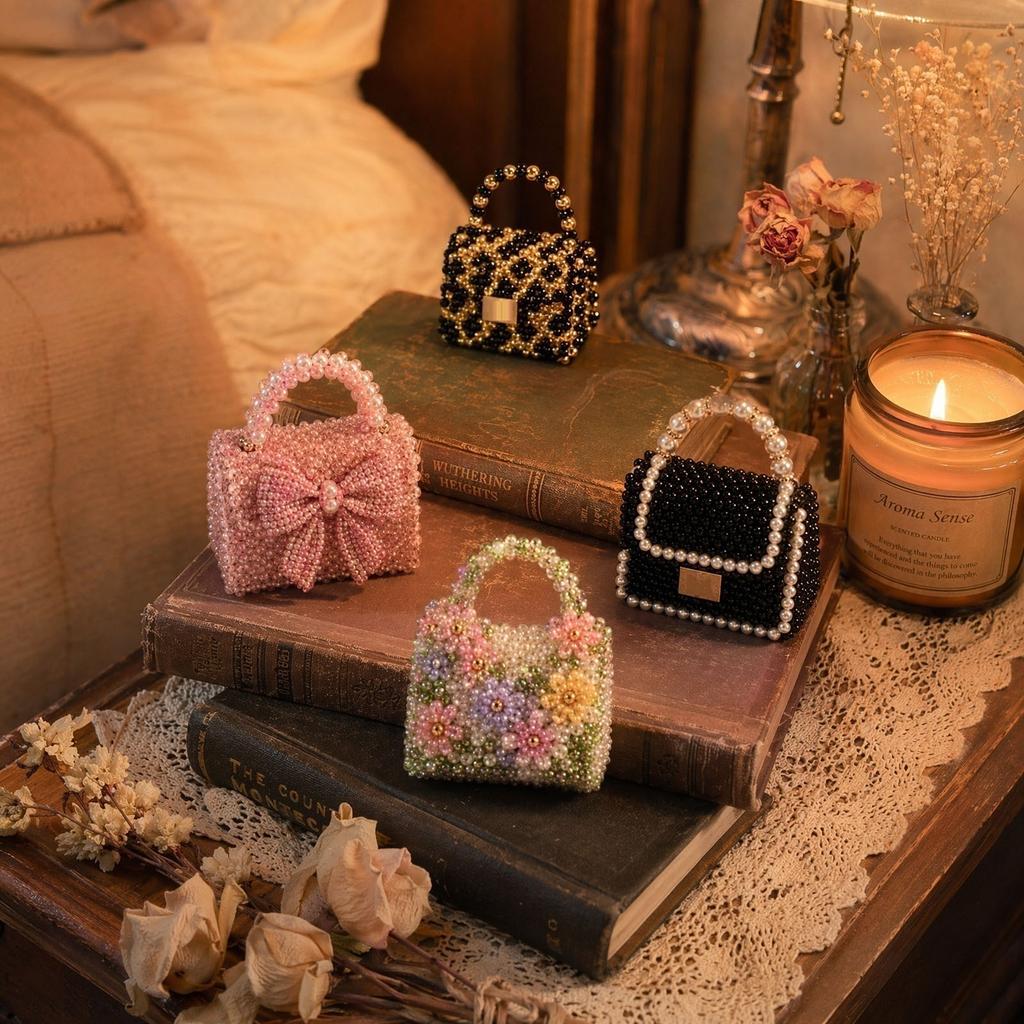 Tiny Bag Boutique 3D Beaded DIY Kit Four Piece Set Includes Beaded Handbag Models with Detailed Beading and Crafting Materials for Creative Assembly