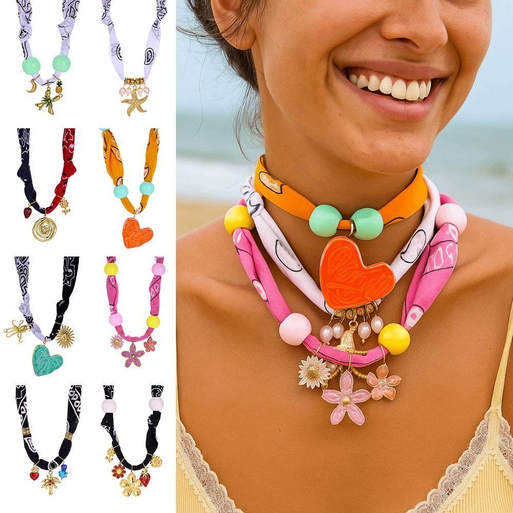 Vintage Cloth Wrap Scarf Necklace Stainless Steel Charm Pendant  Beach Jewelry