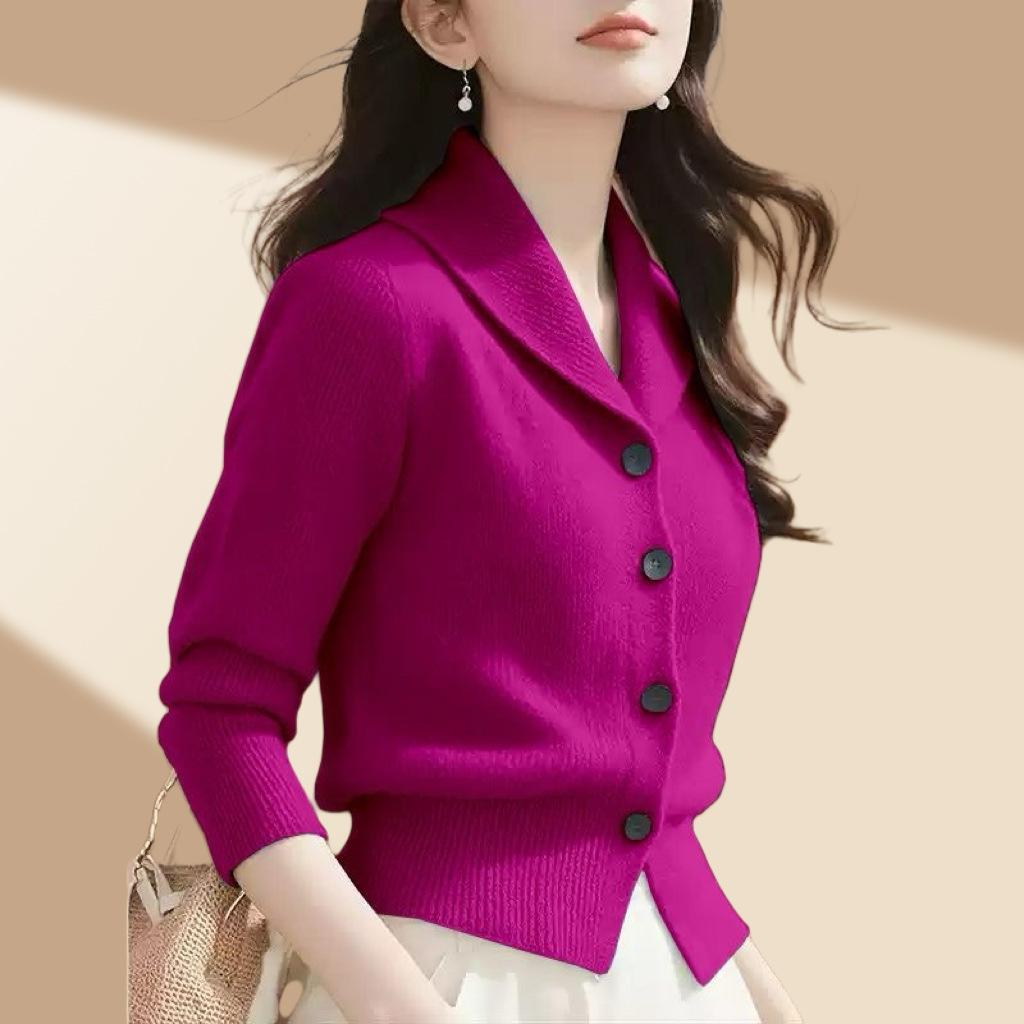 Women's Sweater, Fashionable, Exquisite, and Elegant Solid Color Lapel Long Sleeve Cardigan, Women's Autumn/Winter Long Sleeve Top
