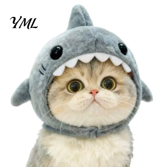 Holiday Pet Gift Ideas Cat Shark Hood Hat, Winter Plush Warm Headgear, Cozy Cute Small Animal Accessories Hat Accessory for Cats Dogs Fun Photo Props