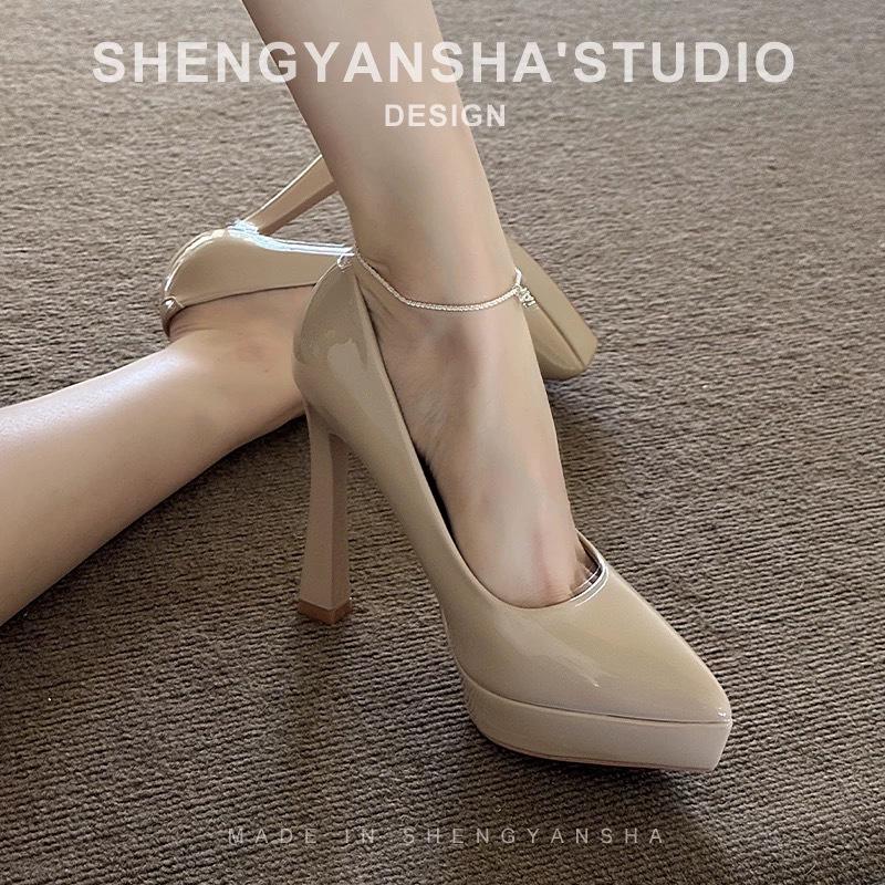 Nude 2025 waterproof platform spring and summer high heels new patent leather pointed tip not tired pointed thick heel women's shoes single shoes