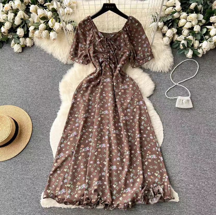 Summer Women Floral Midi Dress Beach Vacation V-Neck Short Sleeve High Waist A-Line Party Vestidos Female Dresses
