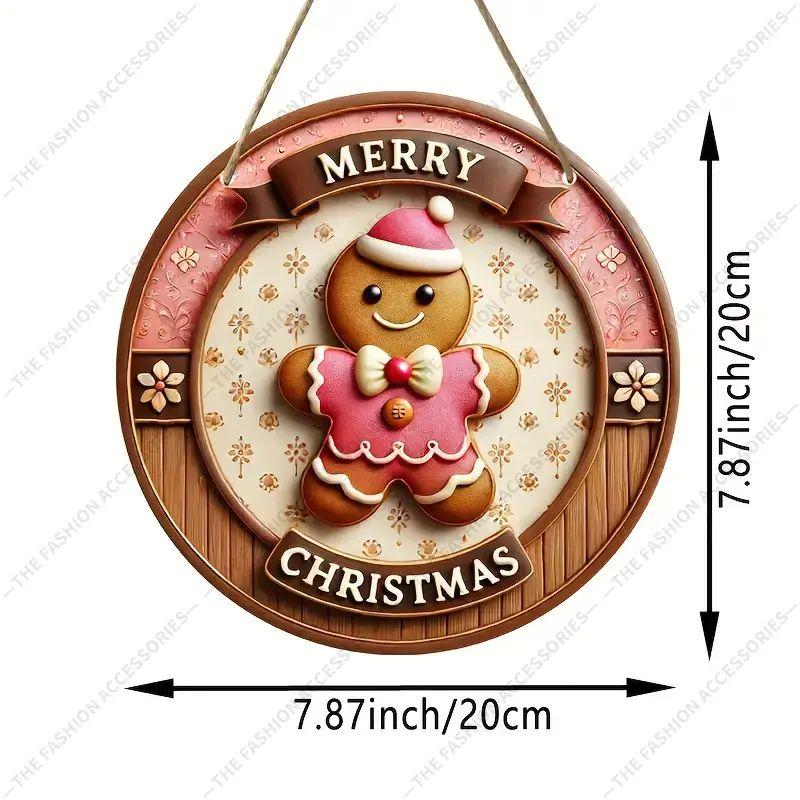 Pink Gingerbread Man Merry Christmas Round Wooden Hanging Sign, 2D Flat Printed Embossed Effect Christmas Door Wall Decor, Xmas Home Ornament Gift