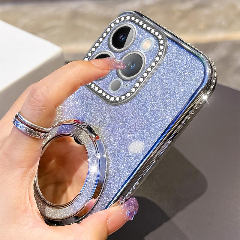 KEYSION Luxury Glitter Jewelled Magnetic Phone Case for iPhone 13 14 Pro Max Makeup Mirror Ring Stand Shockproof Back Cover