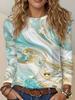 Women T‑Shirt Long Sleeve 3D Teal Gold Marble Swirl Print Tee Casual Street Female Wear Daily O‑Neck Fashion Top Women's Clothes