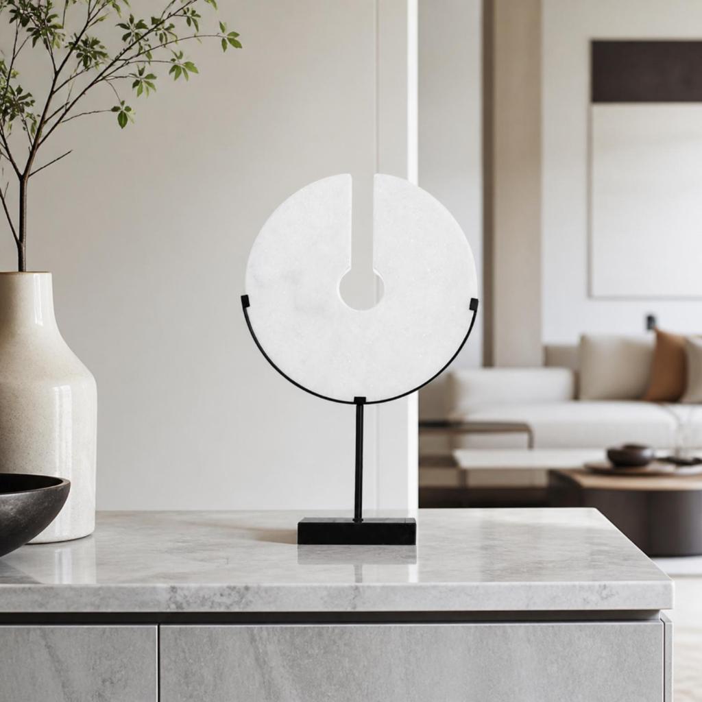 Marble Disc Sculpture with Stand Minimalist Decorative Accent for Bookshelf