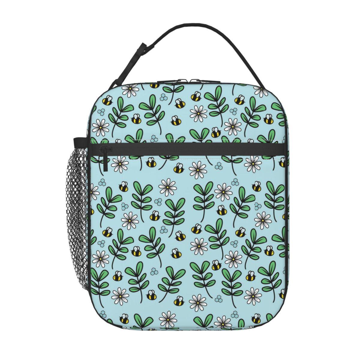 

Cartoon Bee And Daisy In Blue Background Insulated Lunch Bag for Women Children Portable Food Boxes Thermal Lunch Box Tote One Size