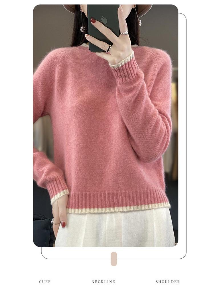 Damen Colorblock Rundhals Schlankmachender Wollstrick Pullover & Basisschicht