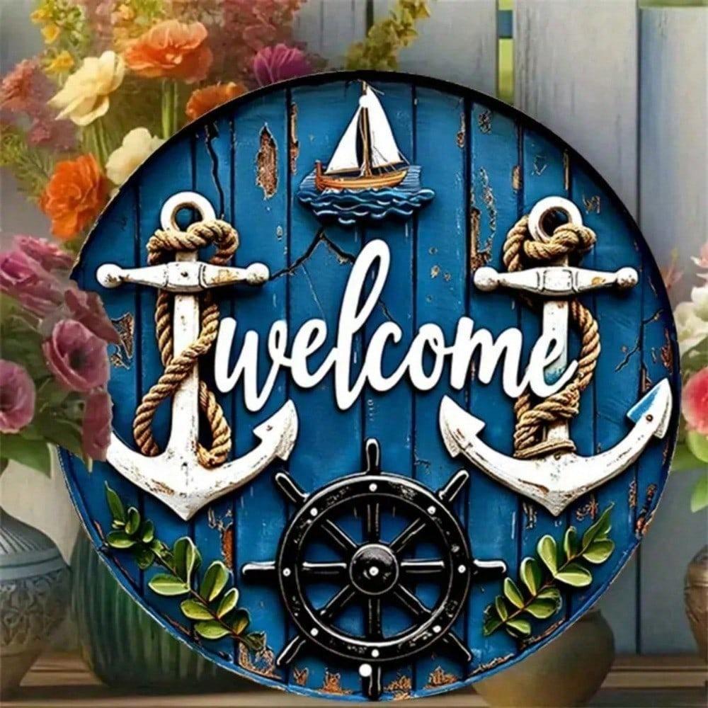 Vintage Nautical Metal Wall Art, 7.8" Round Ship Anchor Sailboat Sign, Coastal Home Decor