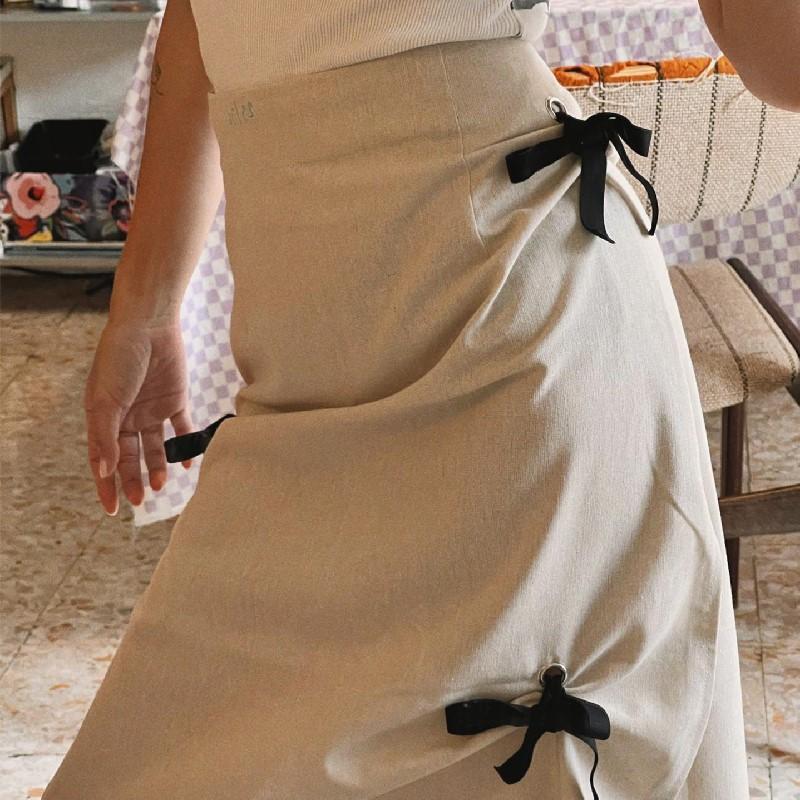 Fashion Elegant Bow Tie Women Skirt Vintage High Waist Split Loose A-line Casual Skirts Female Solid Vintage Bandage Office Ladies Skirt 1081