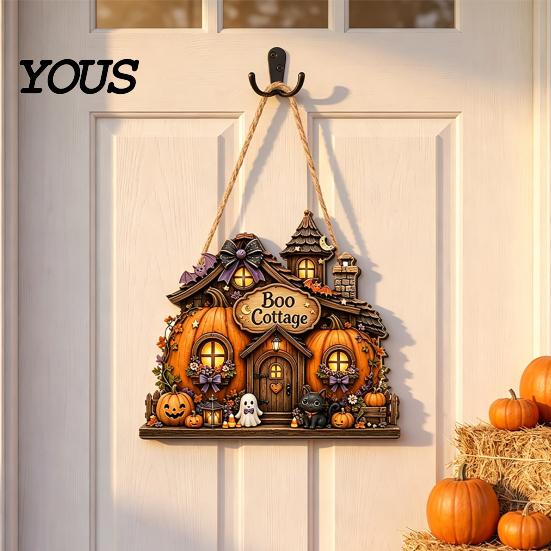 Autumnal Porch Decoration 2D Wooden Halloween Door Hanger Sign, Pumpkin Ghost Vintage Town Building Welcome Front Seasonal Wall Plaque with