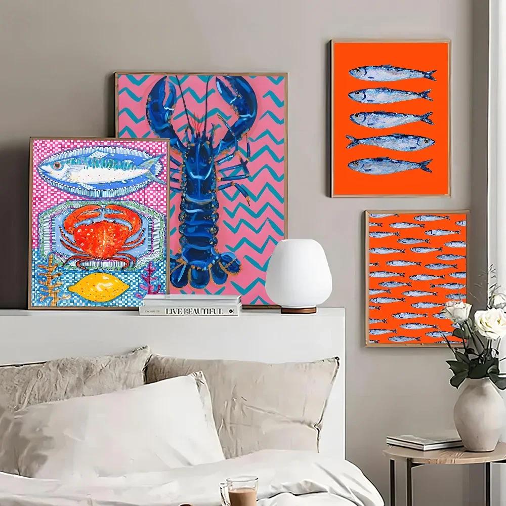 Kolorowe Sardynki Homary Zwierzęta Morskie Druki na Płótnie Retro Niebieska Ryba Plakaty Wall Art do Nowoczesnego Salonu Baru Dekoracja Domu