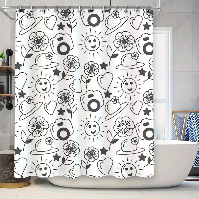 

Vintage Bathroom Decor Shower Curtain With Camera Print Black And White Modern Floral Heart Design For Home Living Room Decor W60H190(CM)-1 Pcs