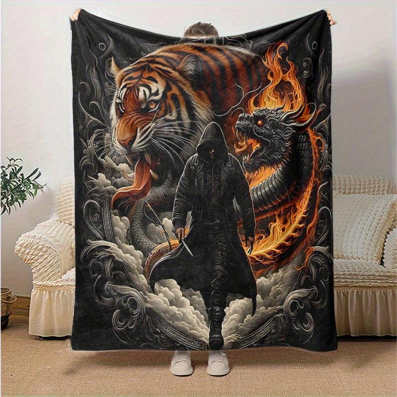 1pc Tiger and Dragon in Fiery Clouds Blanket  Seasonal Home Decorative Throw, Unique Gift Idea, Living Room, Travel, Camping, Car Blankets