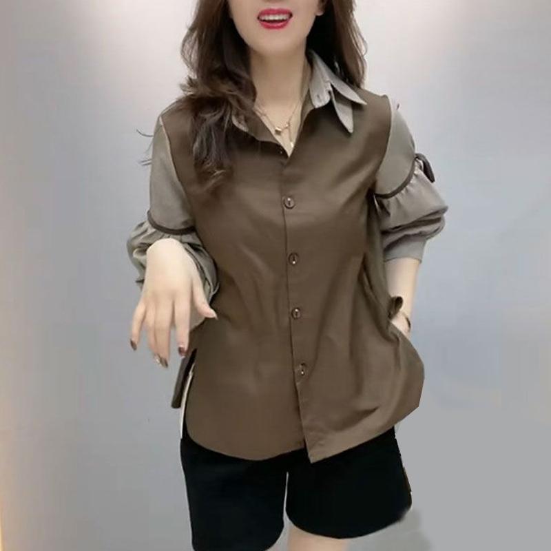 

Женская одежда Стильная шнуровка Бант Шикарная рубашка на пуговицах Контрастная лоскутная блузка с разрезом Повседневный лацкан Топы с длинным рукавом L кофейный
