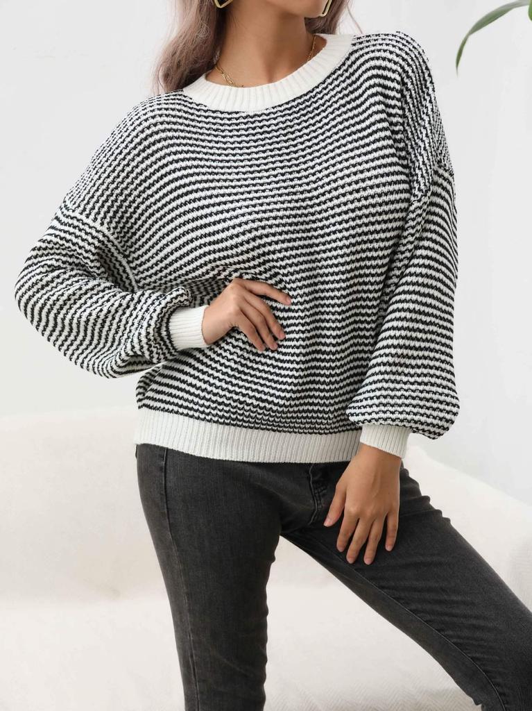Women's Autumn & Winter Stripe Knit Sweater: Headless Wind, Round Neck, Long Sleeve, Loose Fit