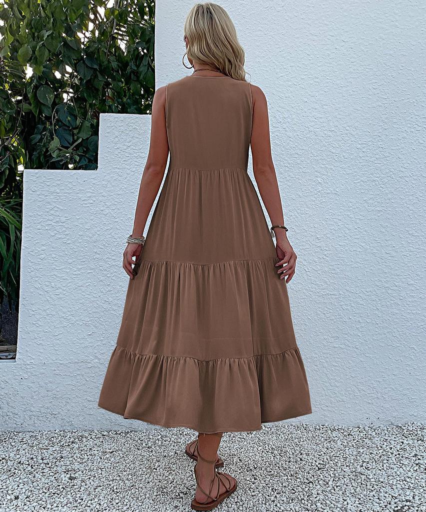 Letnia Damska Sukienka Casual Bez Rękawów Średniej Długości - Jednolity Kolor, Prosta i Elegancka