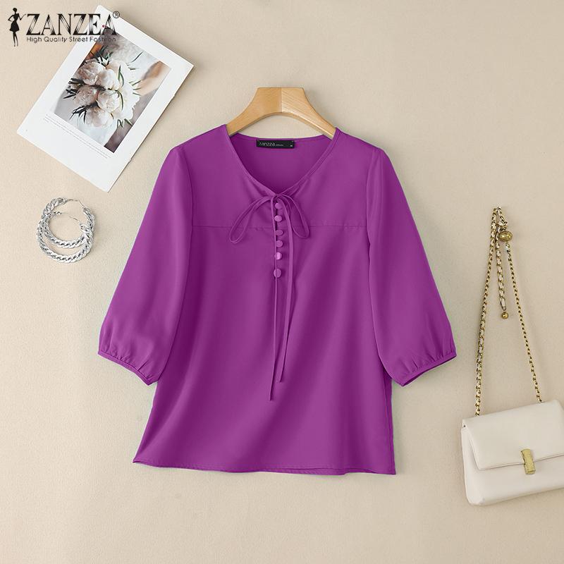 ZANZEA Women Casual Round Neck Solid Color 3/4 Sleeve Summer Blouse