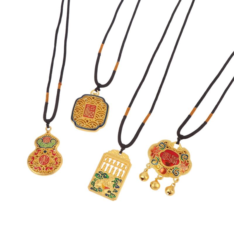 Premium Sand Gold Flower Wire Hollow Lucky Charm Bag Gourd Necklace Wealth Attracting Peace Lock Longevity Lock