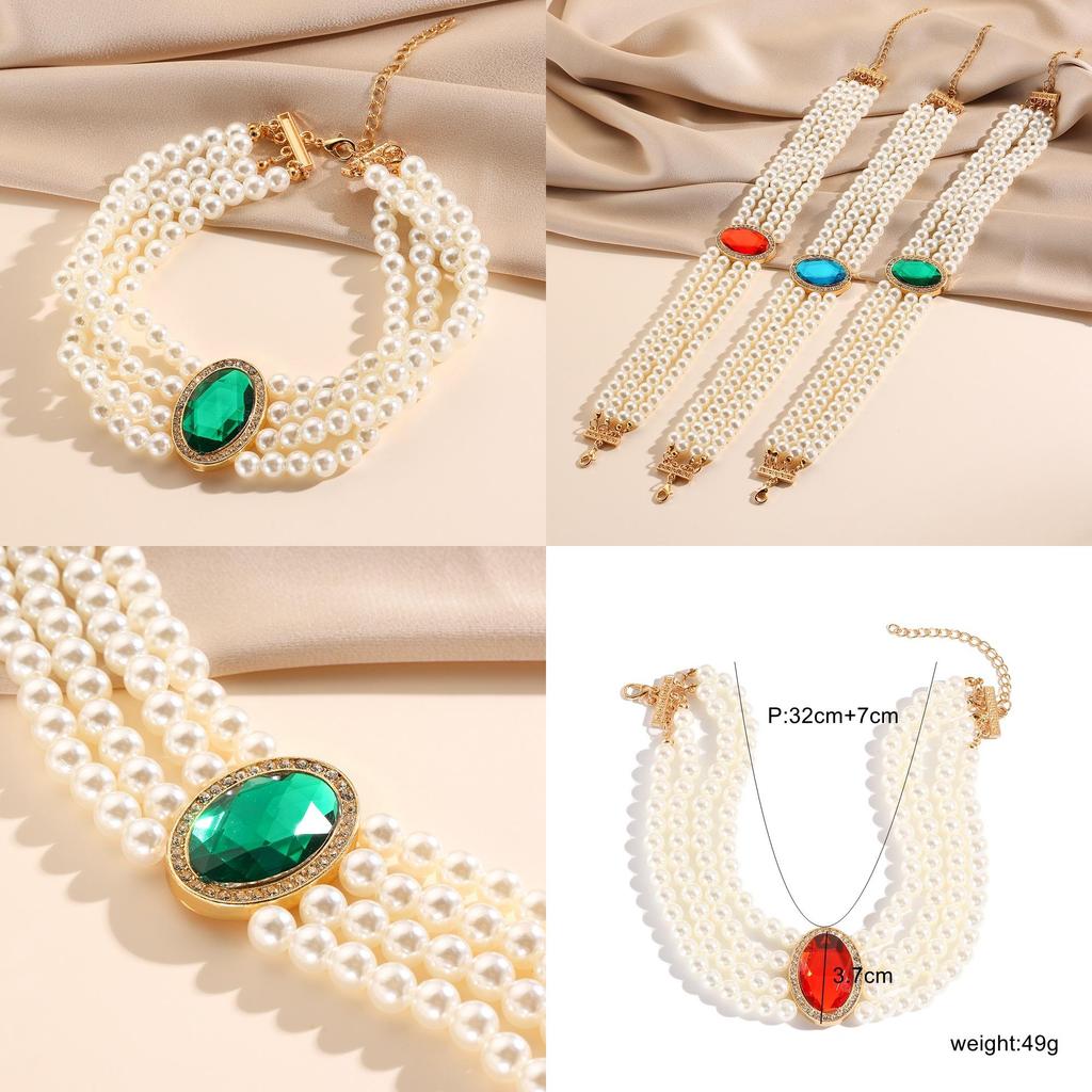 Multi Elegant Palace Layered Simulated Pearl Gemstone Necklace Accessory Neck