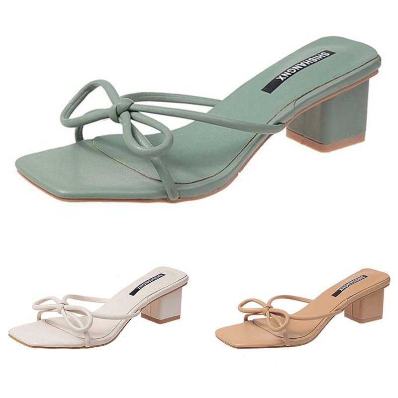 Women Summer Ribbon Bow-shaped Open-toe Thick Heel Slippers Elegant PU Leather High Heel Slide Shoes