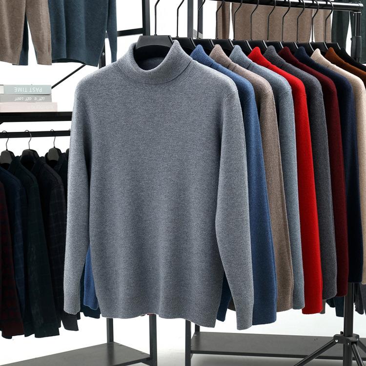 Men's 100% Pure Wool High Neck Loose Sweater - Warm, Thick Autumn/Winter Base Layer 