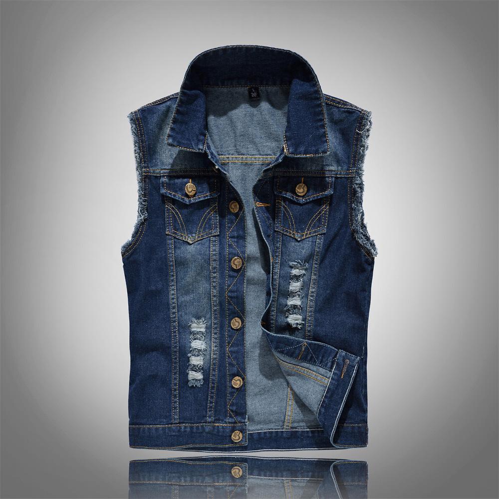 

Korean Style Slim Fit Men s Trendy Ripped Denim Blue Vest, Large Size 4XL синій
