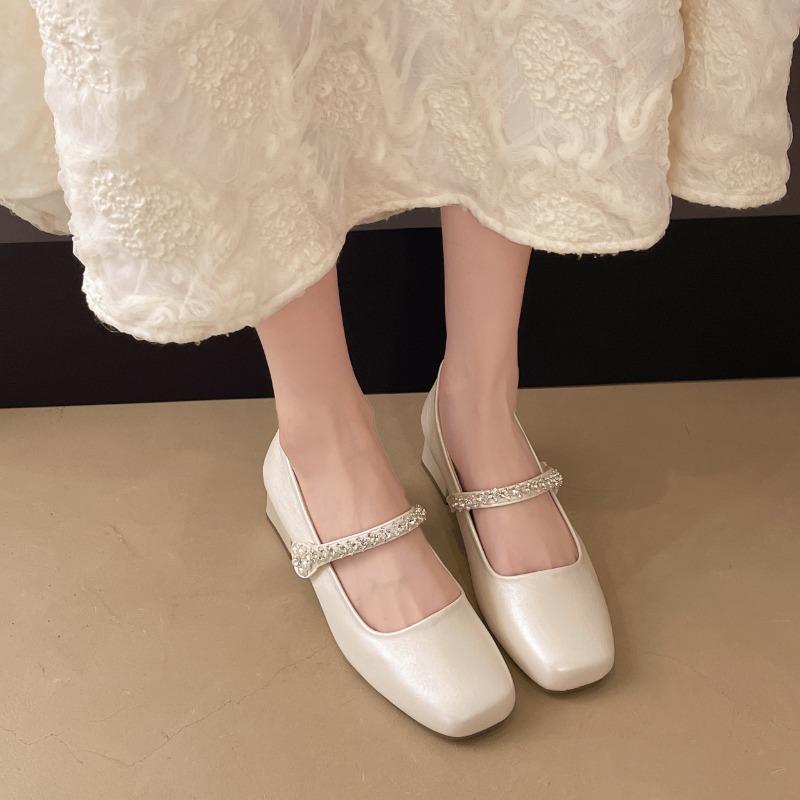 Women's Spring New Popular Square Toe Shallow Mouth Flower Slip Strap Soft Sole Non-slip Low Top Single Shoes High-heeled Shoes