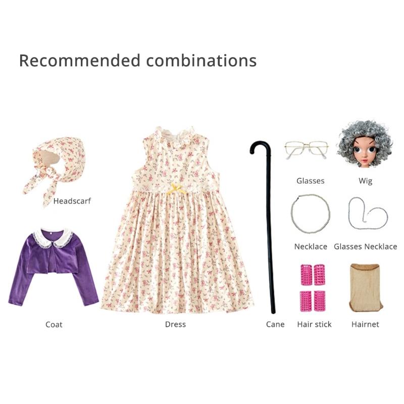 100 Day of School Cosplay Costume Set Kids Old Lady Costume Accessories Faux Pearls Necklace Glasses Crutch Floral Dress