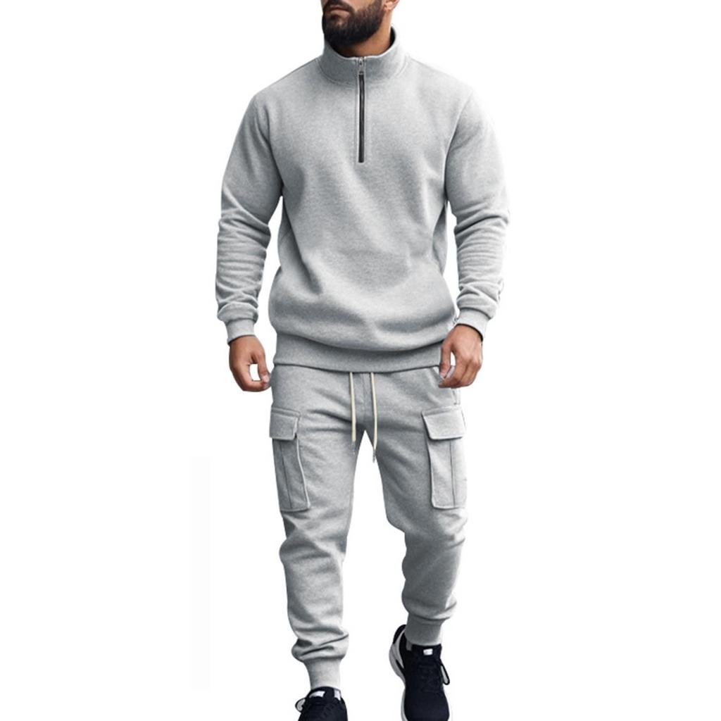 Men's Winter Casual Plus Velvet Warm Zipper Stand Collar Sweatshirt Men's Sports Pants Sweatshirt Set