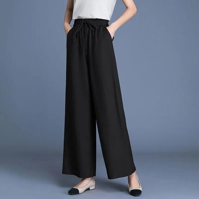Bavlněné a lněné kalhoty pro ženy na léto Tenké a splývavé S vysokým pasem Volné a široké nohavice Všestranné a zeštíhlující Ležérní kalhoty s rovnými nohavicemi