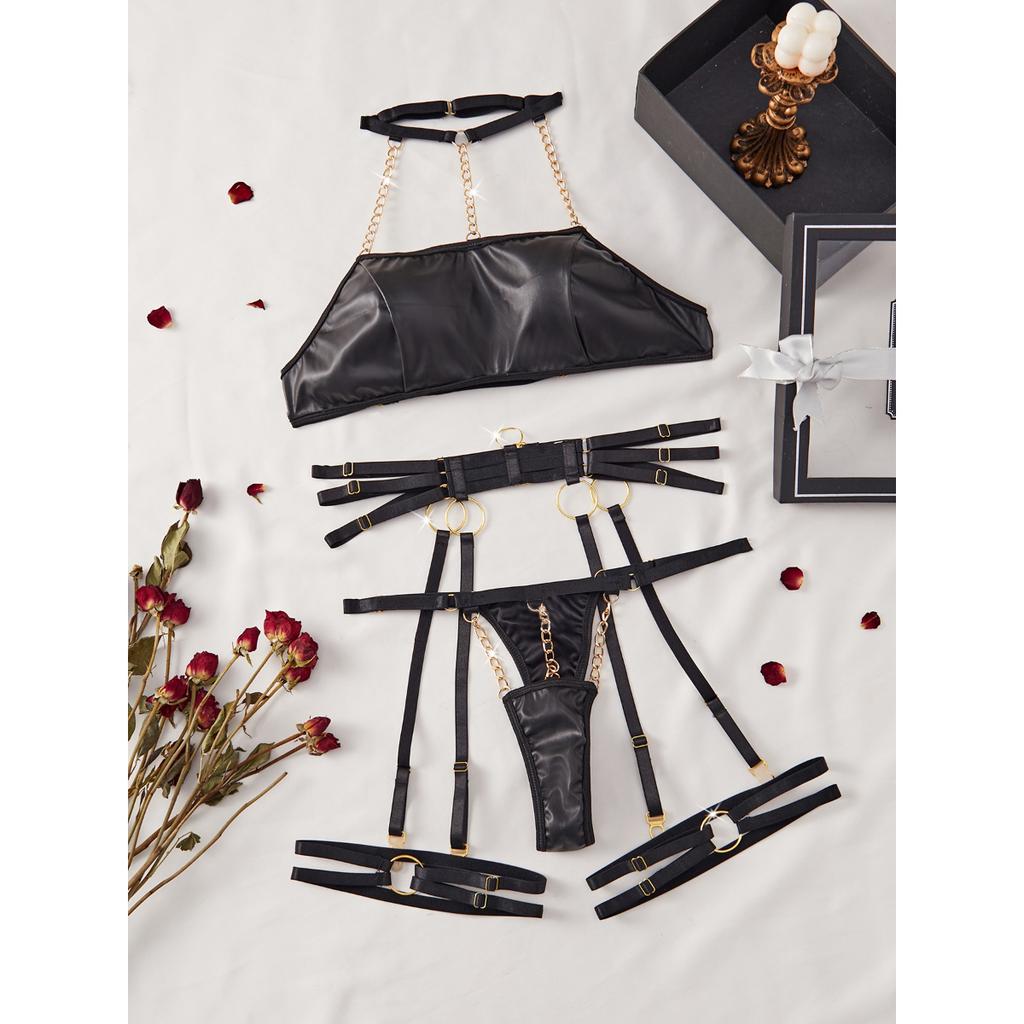 Set Lanț Metalic Sân și Chiloți cu Ham BDSM, Set Lenjerie Fetiș din Piele PU pentru Club, Ham din Piele PU