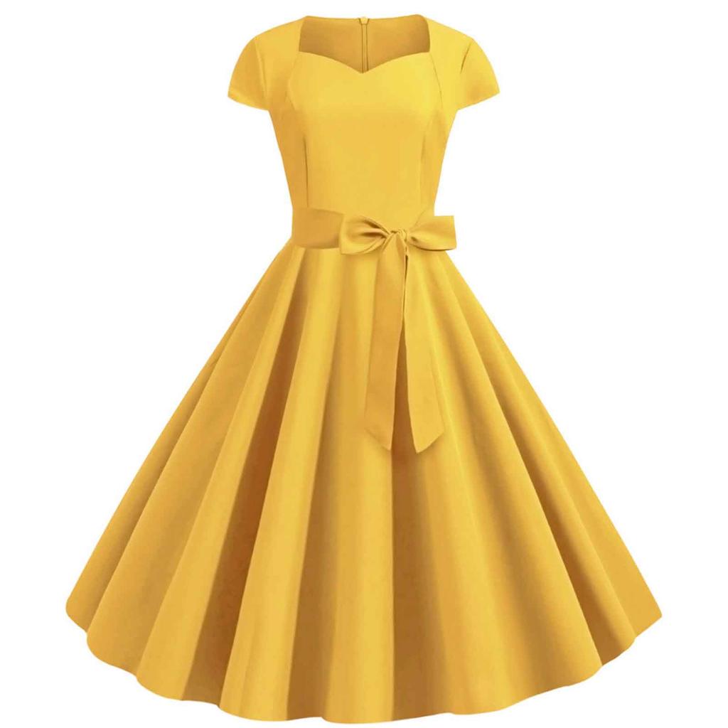 Women's Fashion Casual Slim Fit Solid Colour  Vintage Dress With Belt With Large Hem