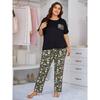Women Plus Size Short Sleeve Long Pants Printed Pajama Set Casual Home Loungewear