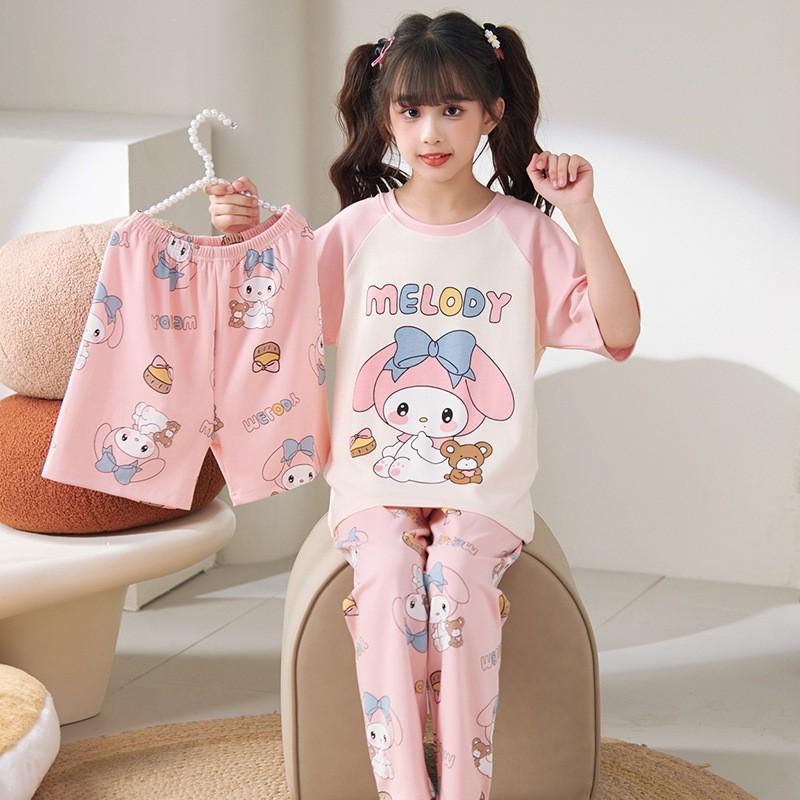 Girls Cotton Pajama Set Lightweight Short Sleeve Long Pants 3-Piece Sleepwear Kids Ages 8